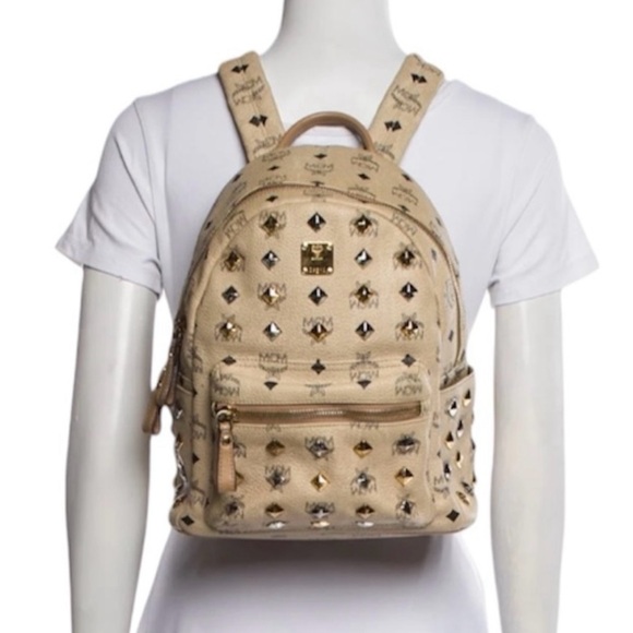 MCM Beige Visetos Silver and Gold Pyramid Studded Backpack - Picture 5 of 16